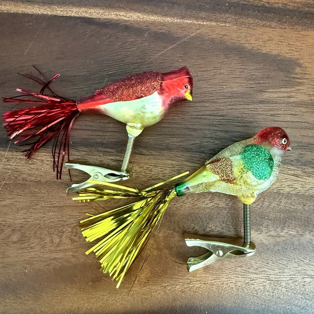 Vintage Glass Clip On Bird Ornaments 2 Cardinal Tinsel Tail Glitter German F/W